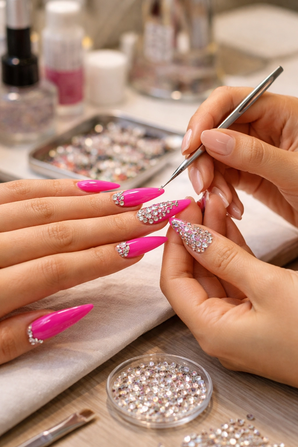 Medium close-up of hands during rhinestone nail application on hot pink stiletto nails at a clean salon