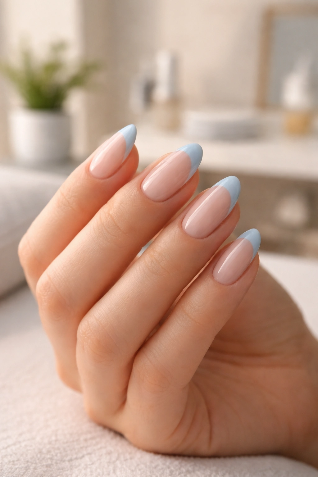 Hand with almond nails showing a clean smile line in a calm salon setting