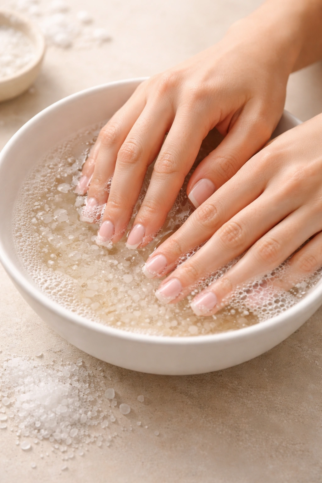 Nails soaking in warm water with salt and dish soap