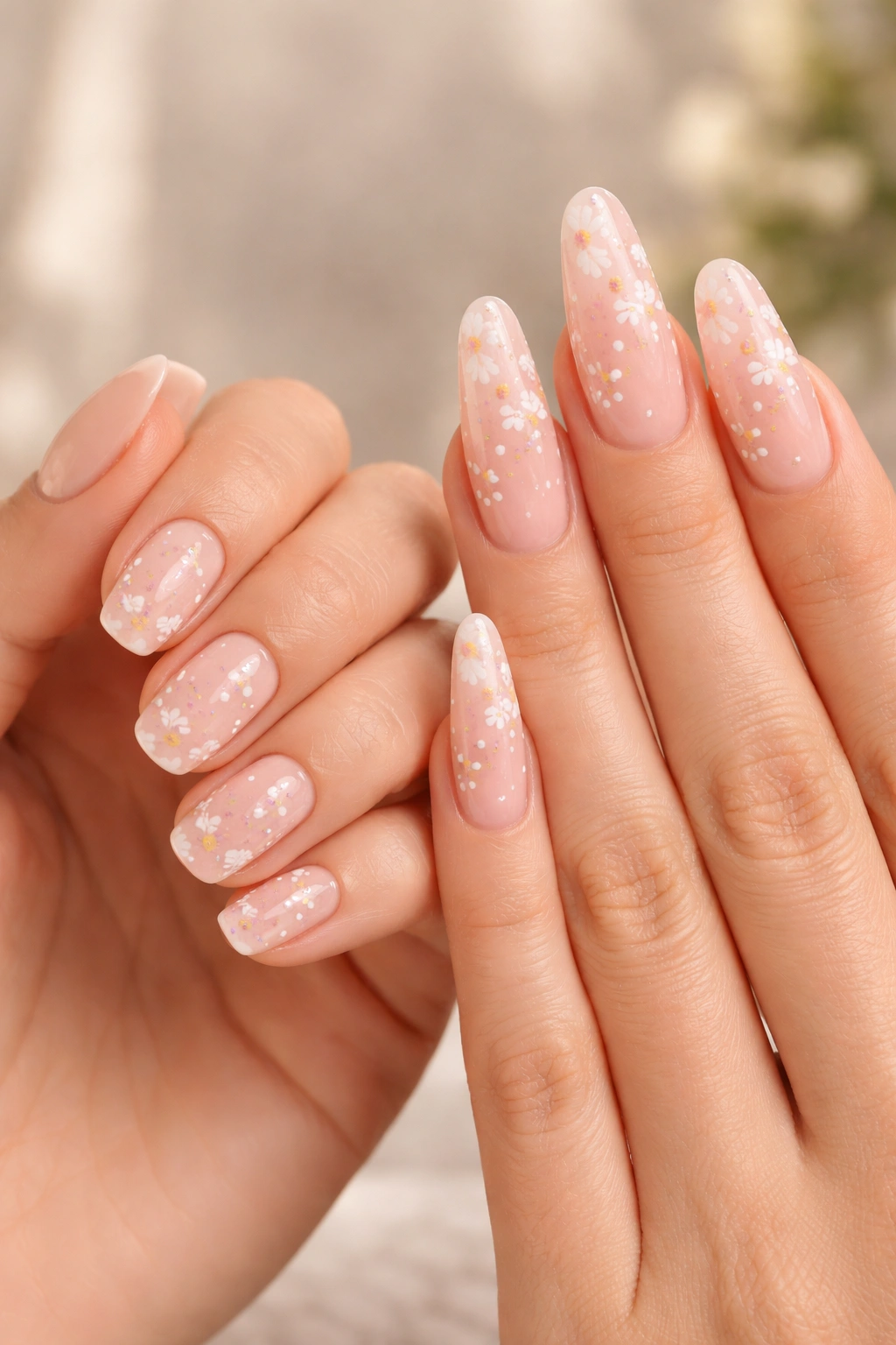 Two hands display identical nail design on different lengths, short and long.