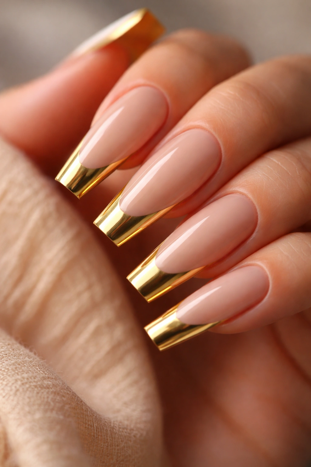 Nails in warm sand beige with metallic gold tips.