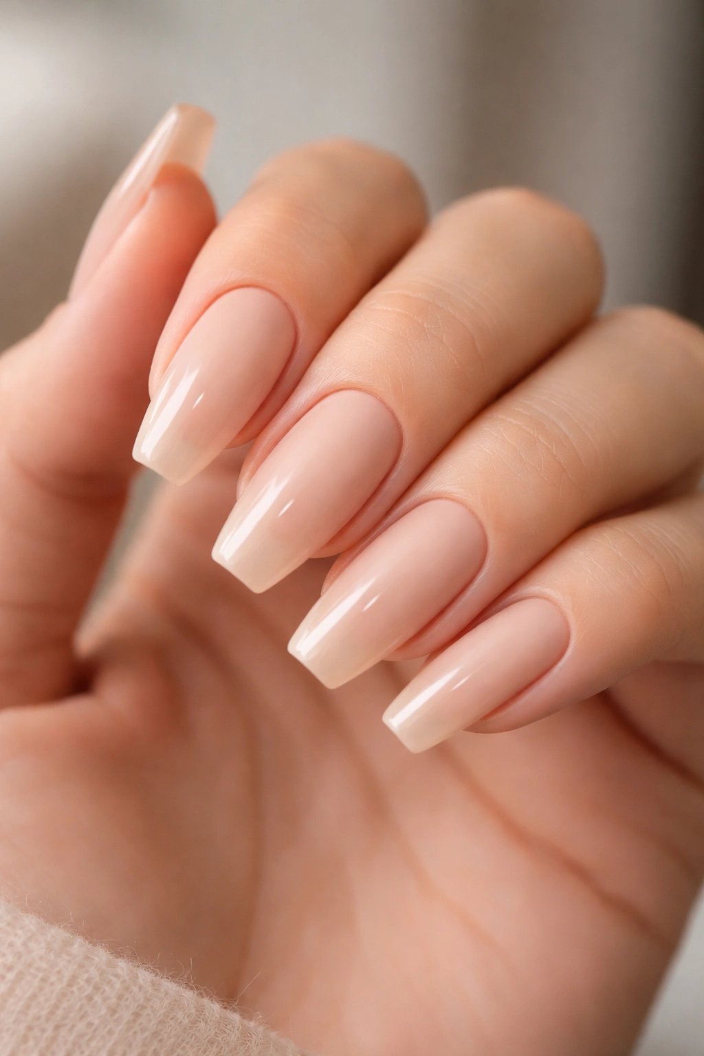 Close-up of sand-colored matte nails with glossy tips on ballerina nails