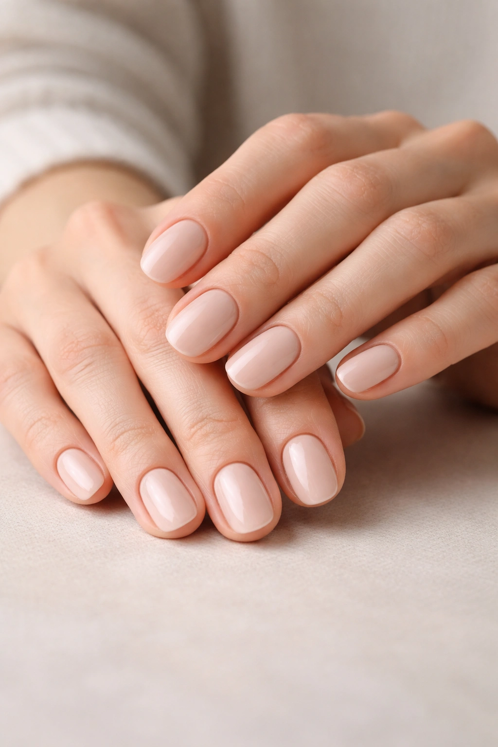 Close-up of short oval nails in sand nude with clean edges
