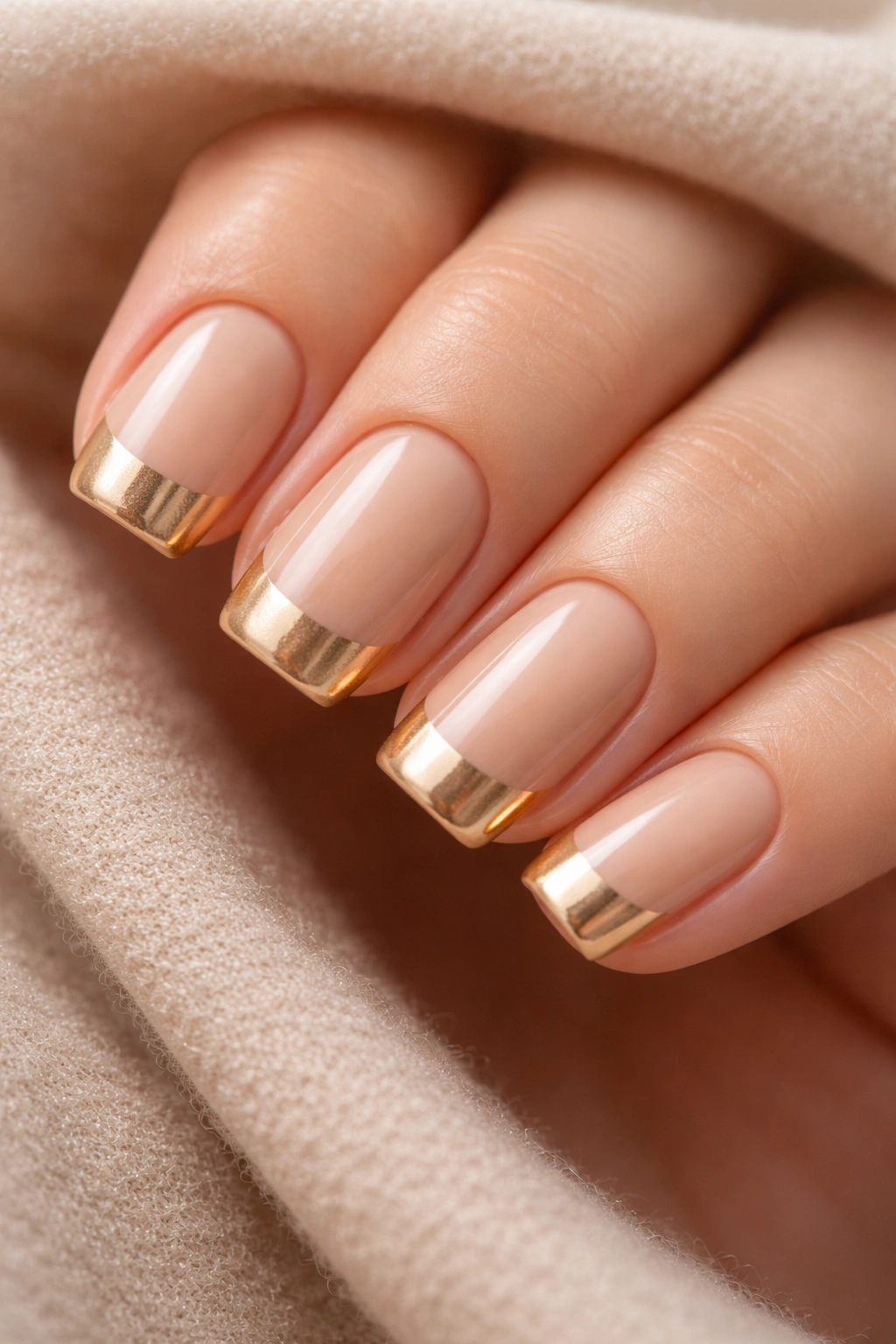 Beige nails with metallic gold tips on the edges