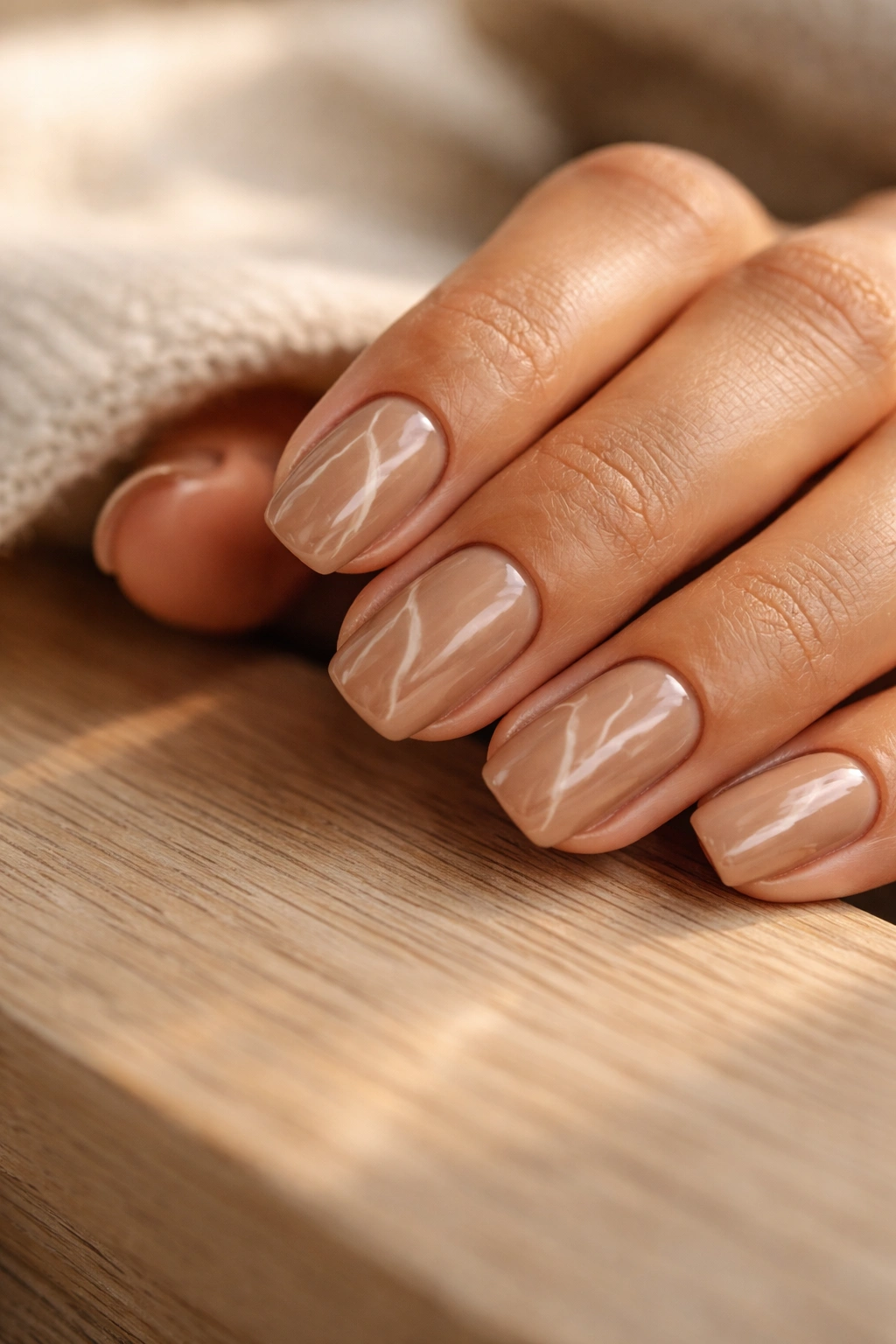 Close-up of sandy brown nails with cream marble veining