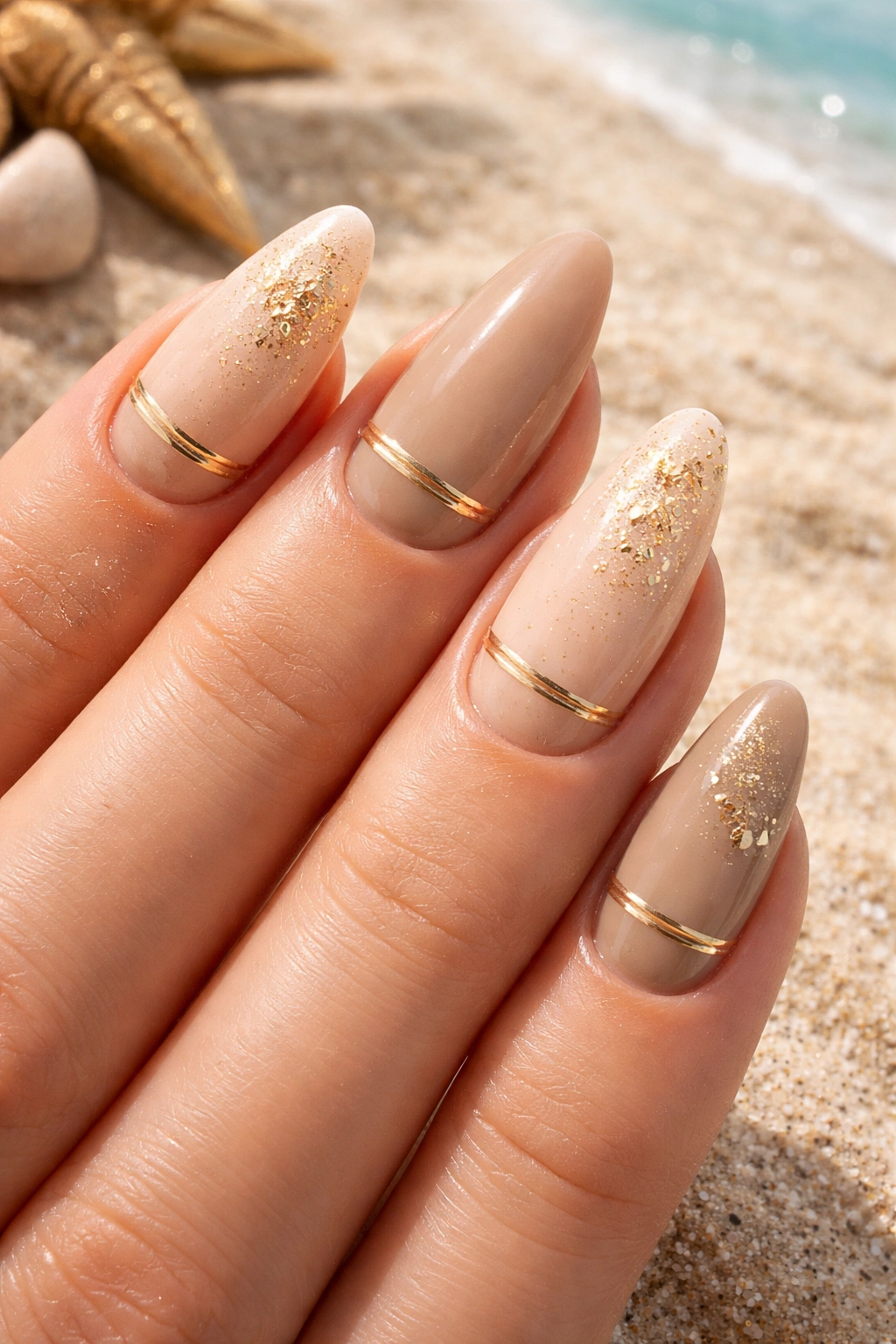 Nude nails with gold foil and stripes against a sandy beach backdrop