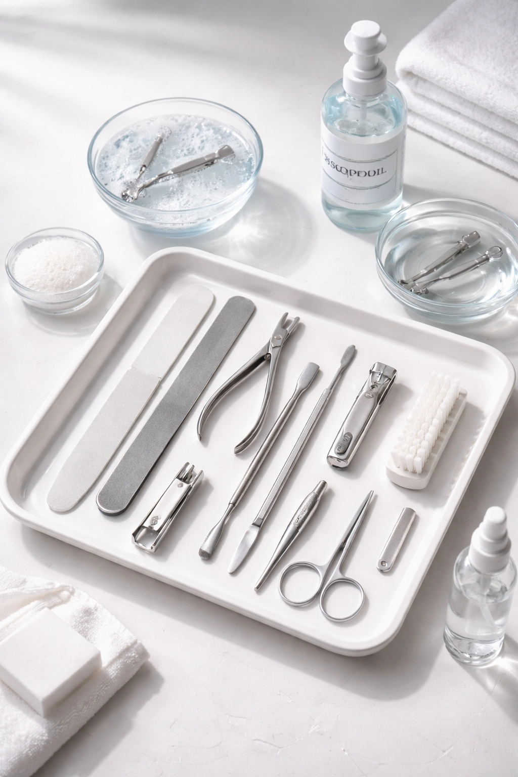 Clean manicure tools arranged for sanitation with soap and alcohol