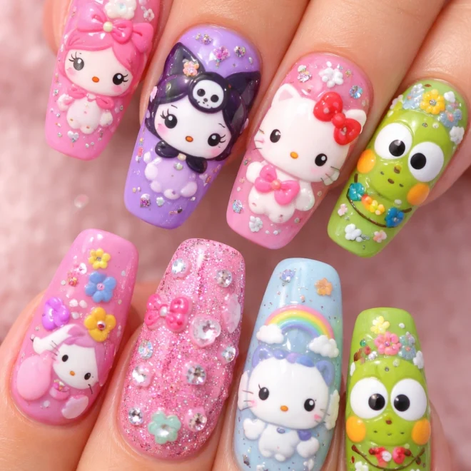 15+ Cute Hello Kitty Acrylic Nails to Recreate