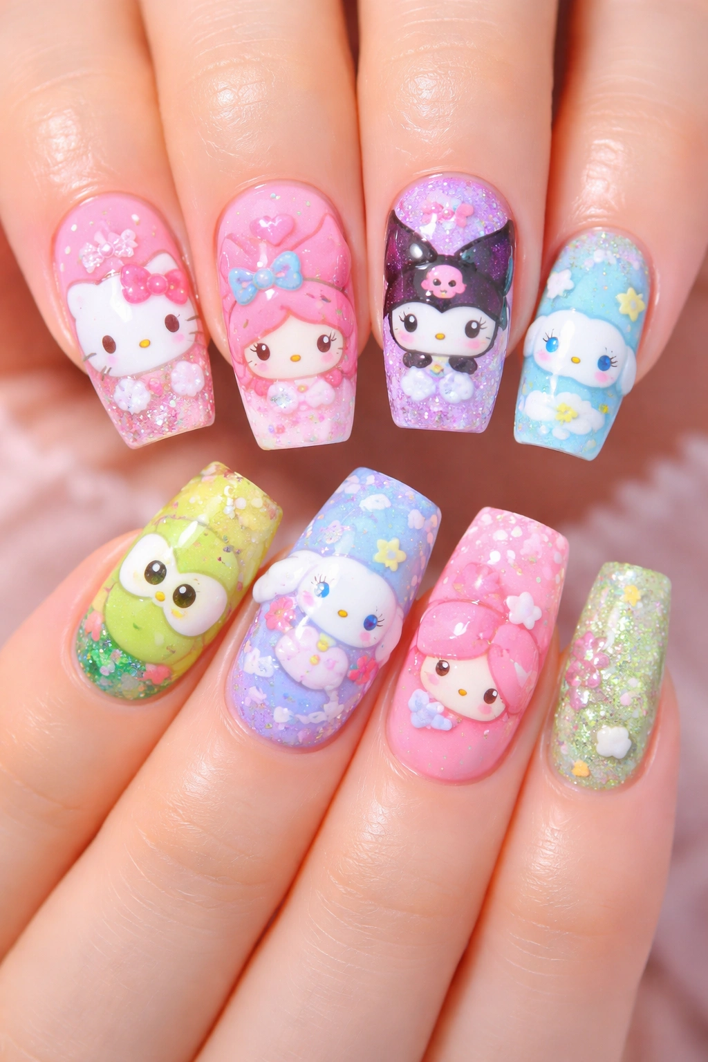 Sanrio group nail design with Hello Kitty and friends