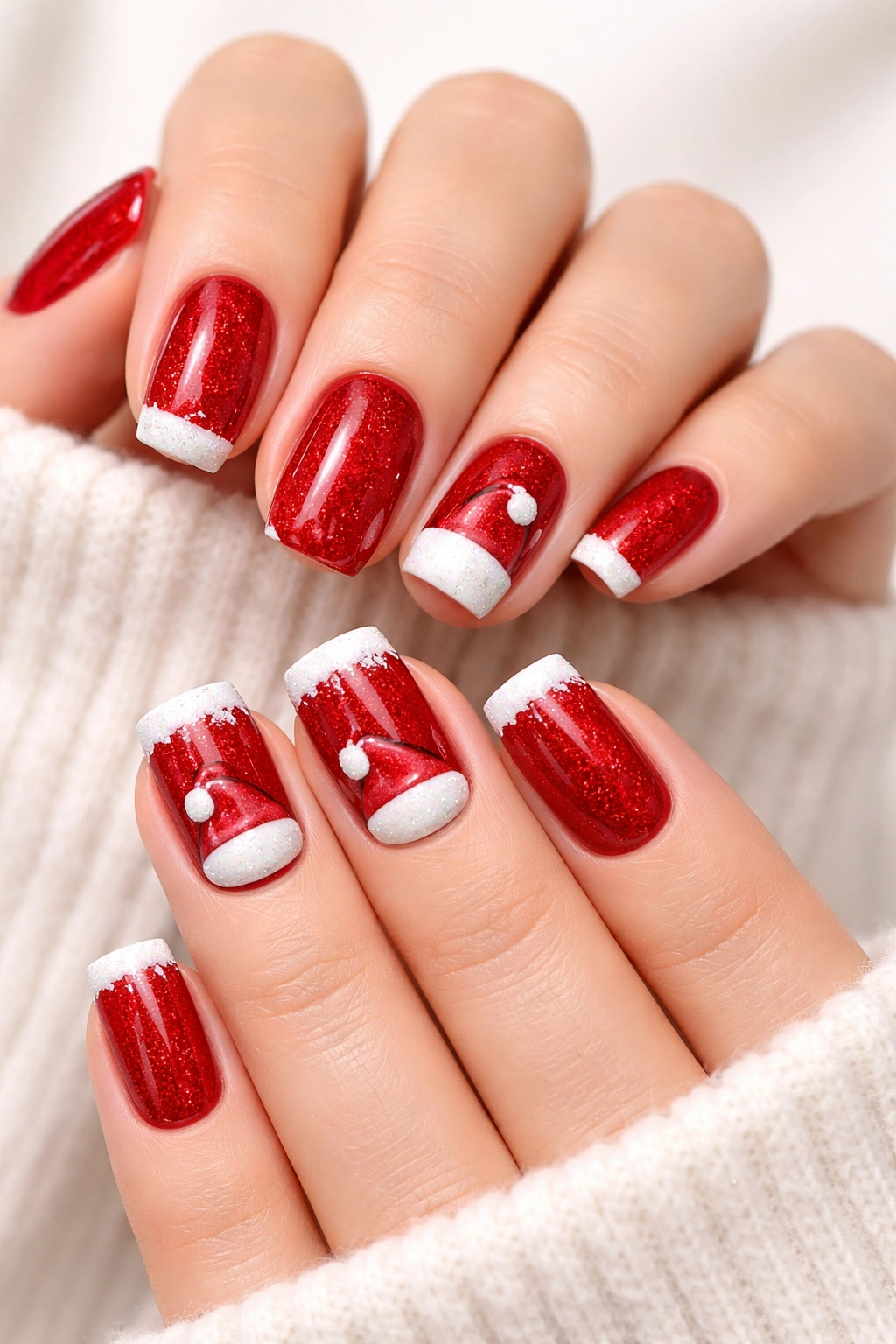 Nails featuring tiny Santa hat accents on red base with white trim