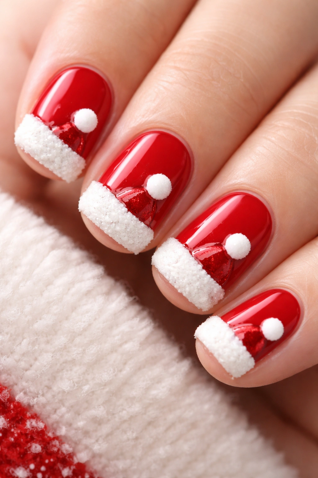 Close-up of red nails with white Santa hat tips and pom-poms