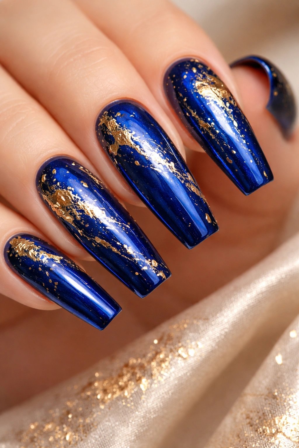 Close-up of sapphire blue nails with gold foil accents on a plain background