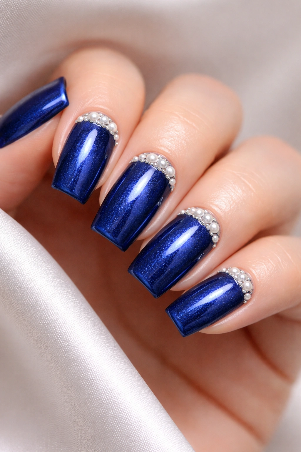 Close-up of Sapphire Blue with Pearl Accents nails showing deep blue with pearls