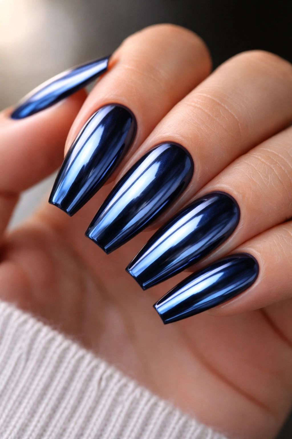 Sapphire chrome nails with mirror finish on ballerina shape