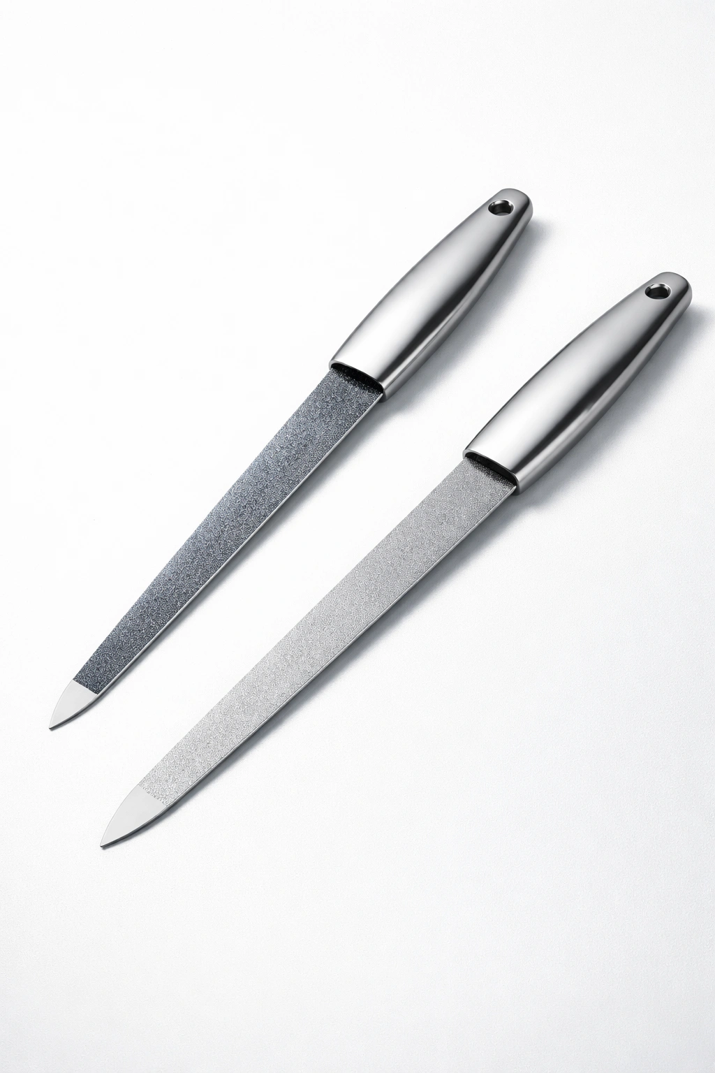 Two sapphire-coated metal nail files on a plain surface
