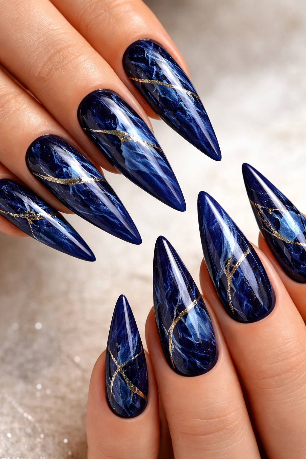 Sapphire blue marble stiletto nails with veining