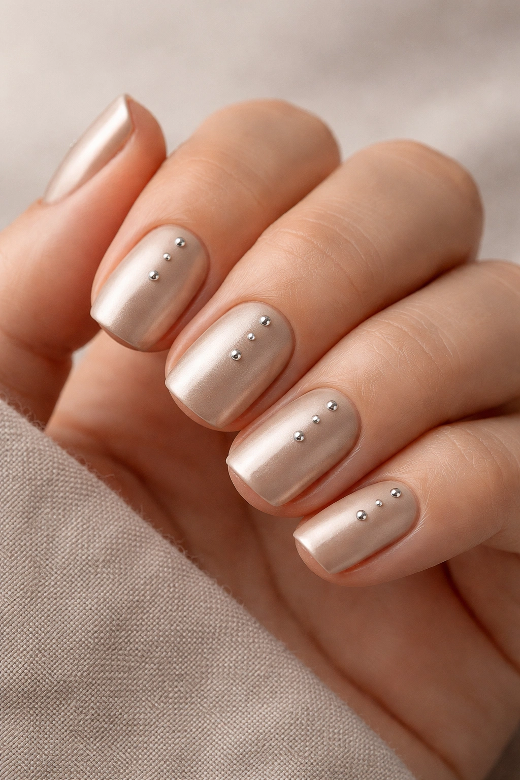 Close-up of short squoval nails in warm beige satin with centerline micro studs