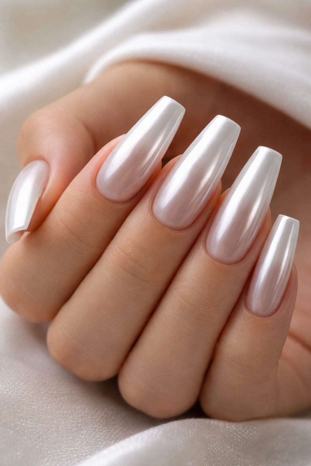 Satin white chrome finish on sheer-based ballerina nails