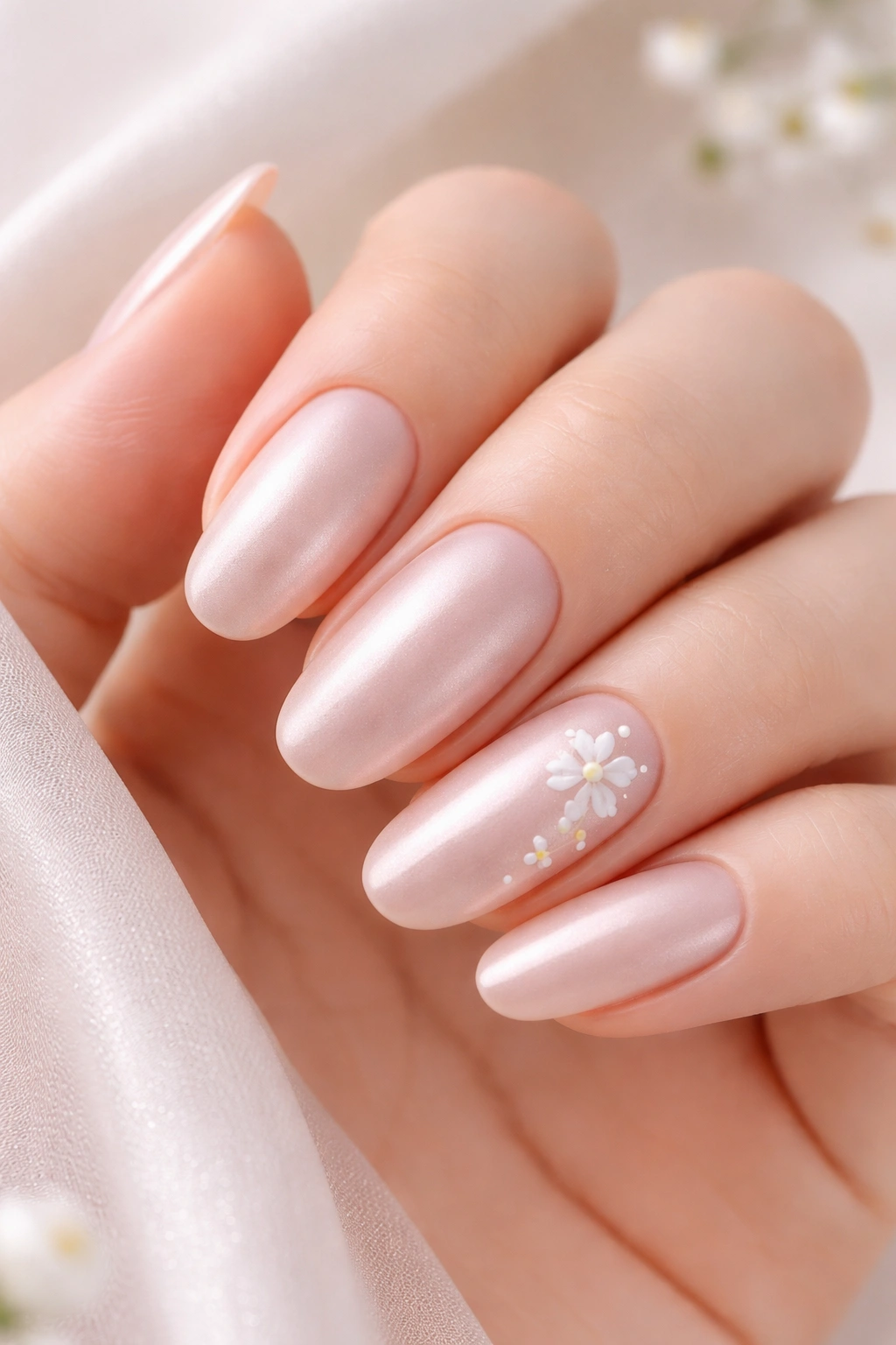Nails with satin finish in light pink with white floral accents