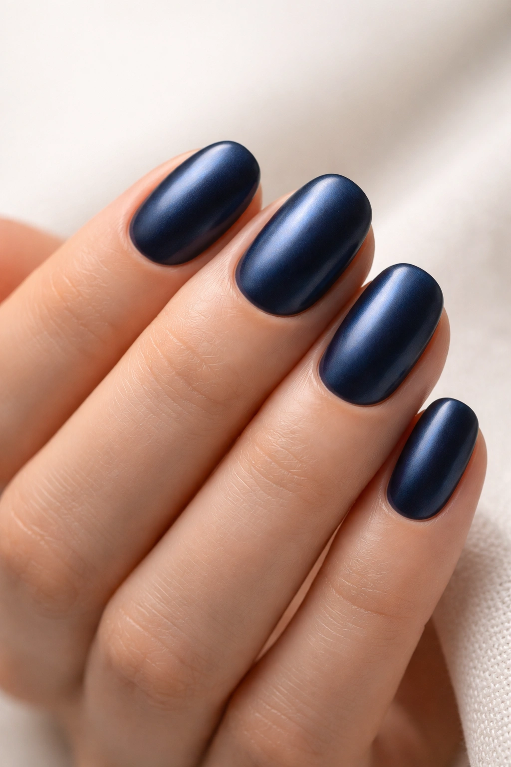 Close-up of short oval nails painted in satin navy on a neutral background