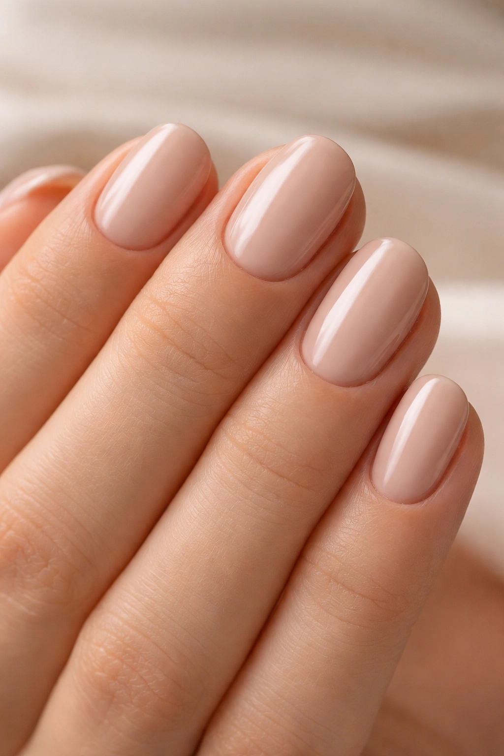 Close-up of satin nude nails with glossy top layer on short ovals