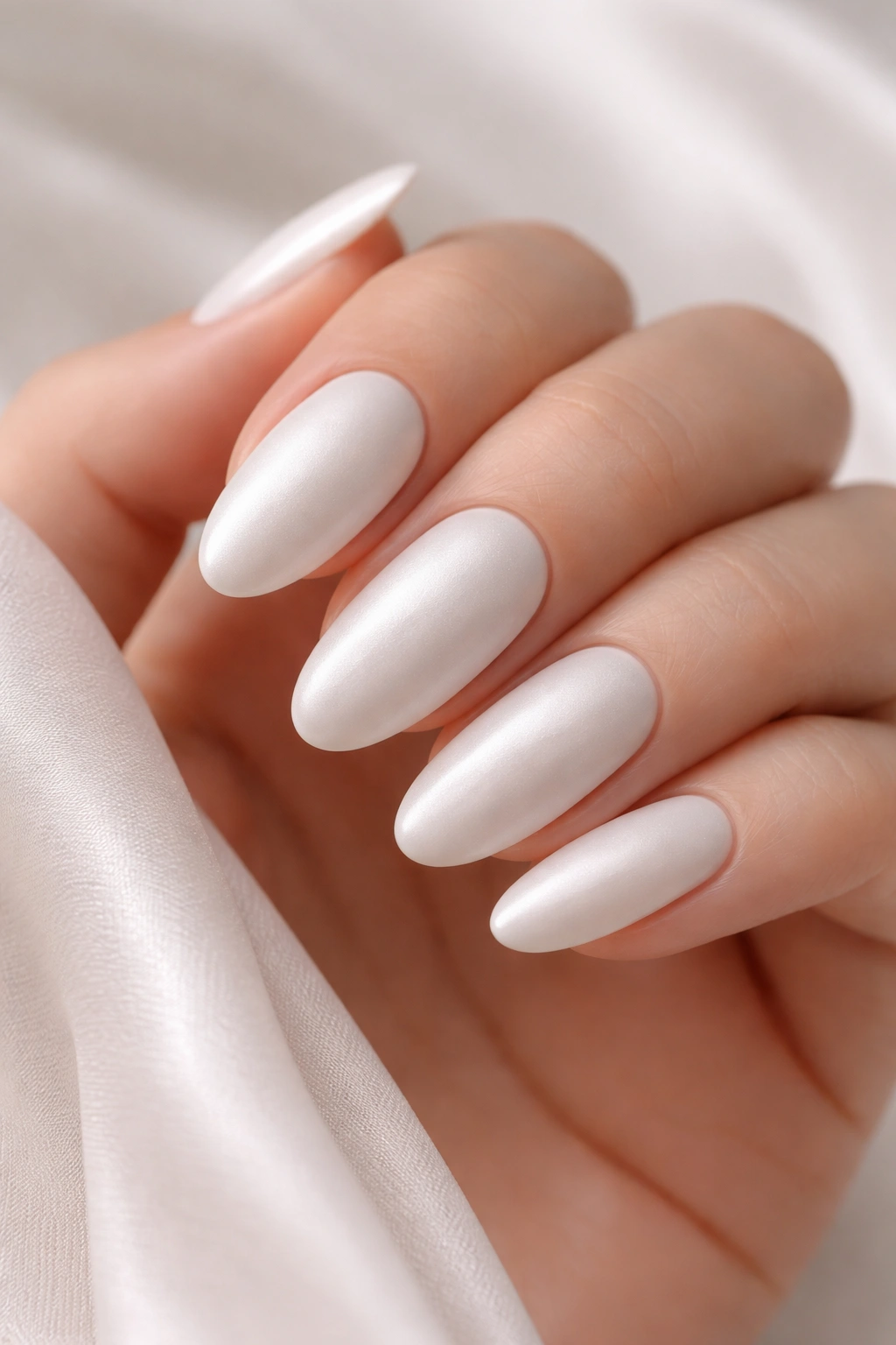 Close-up of long oval nails with satin white finish
