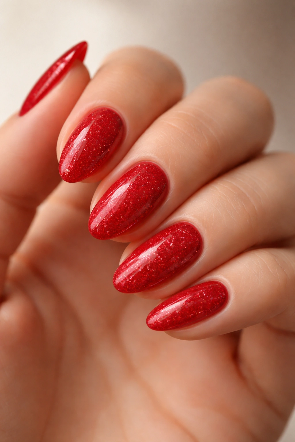 Close-up of scarlet almond nails with micro glitter and subtle sheen.