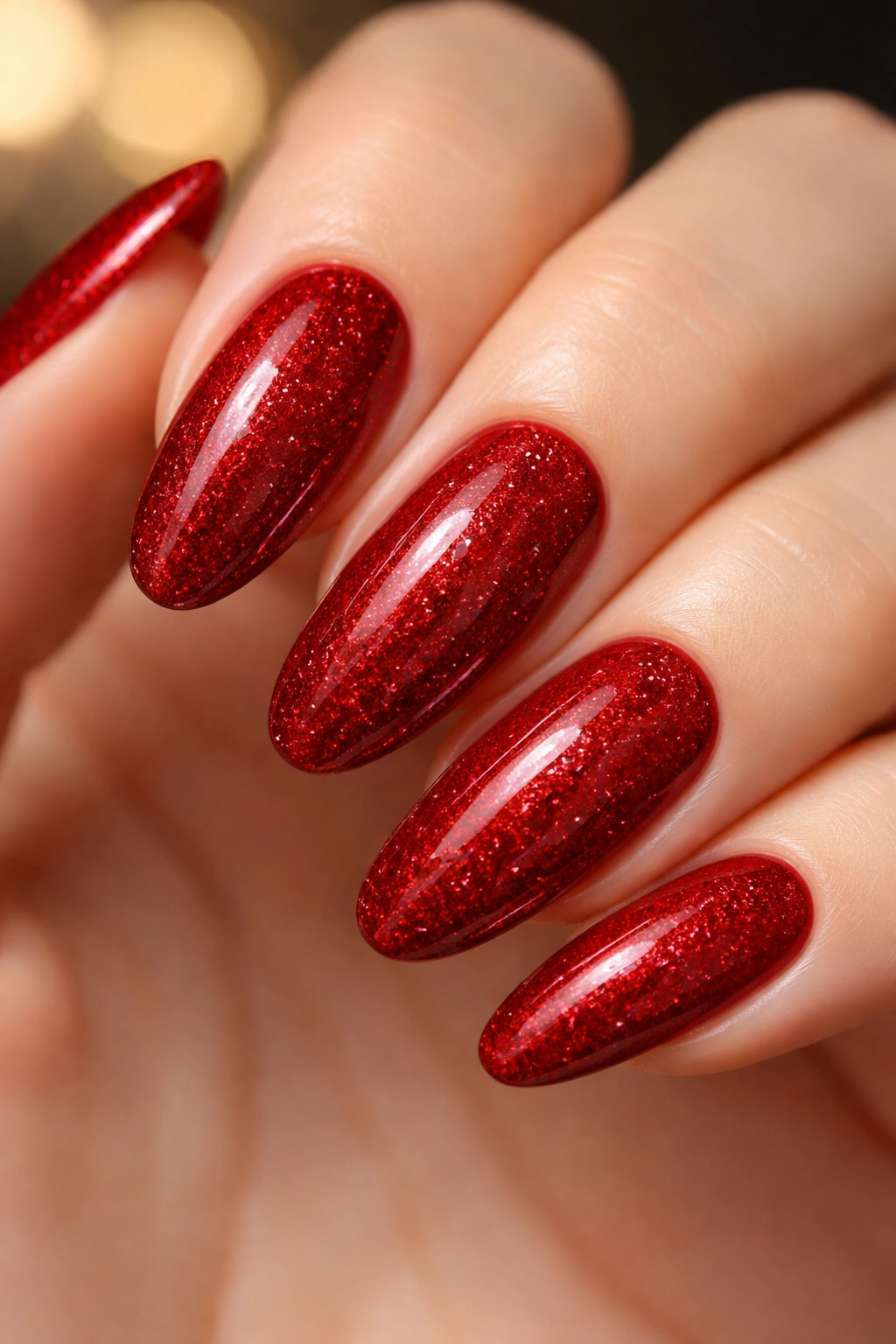 Long oval nails with scarlet red base and fine glitter