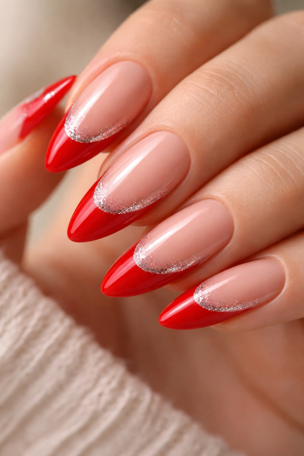 Almond nails with bright scarlet tips and fine glitter dust