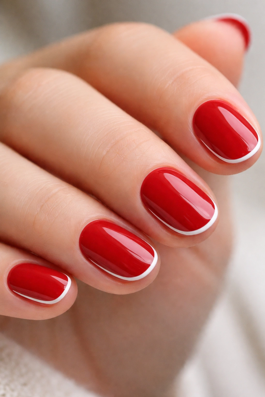 Close-up of scarlet short oval nails with a thin white line