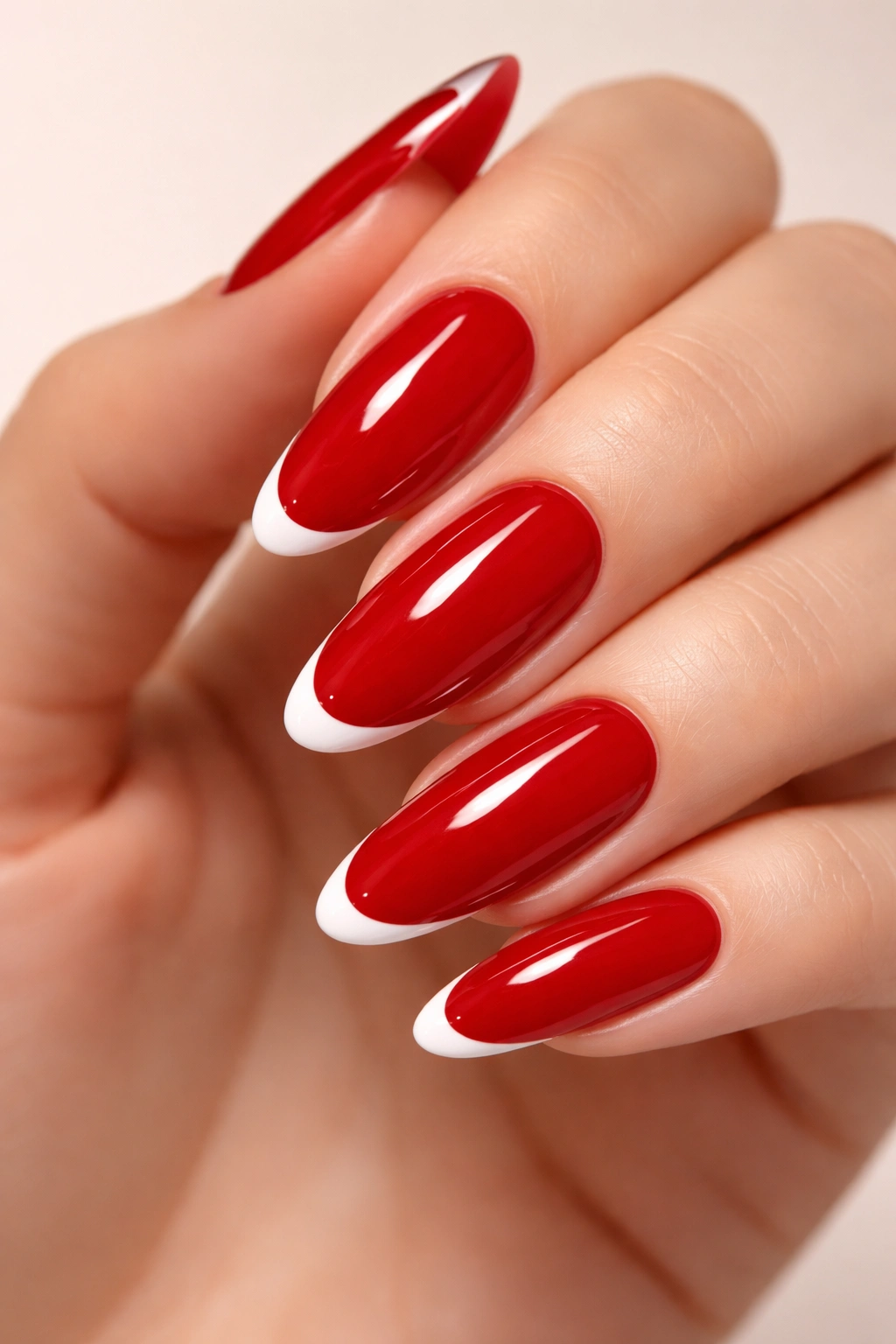 Nails scarlet red with tiny white tip stripe on long rounded nails.