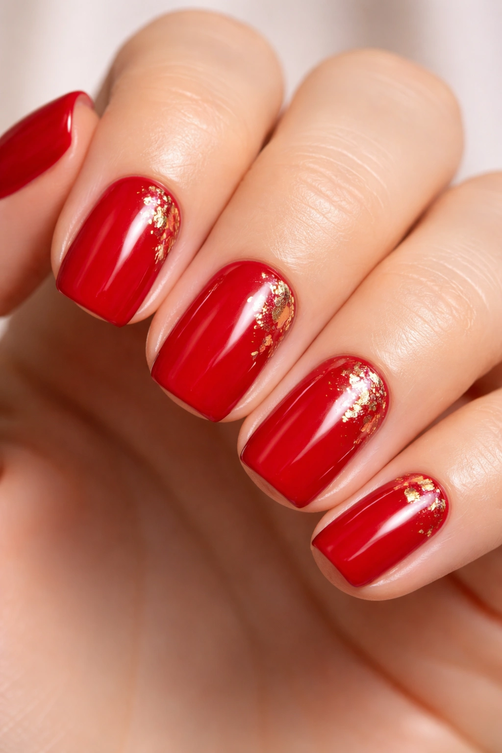 Scarlet red nails with foil accents on short squoval nails