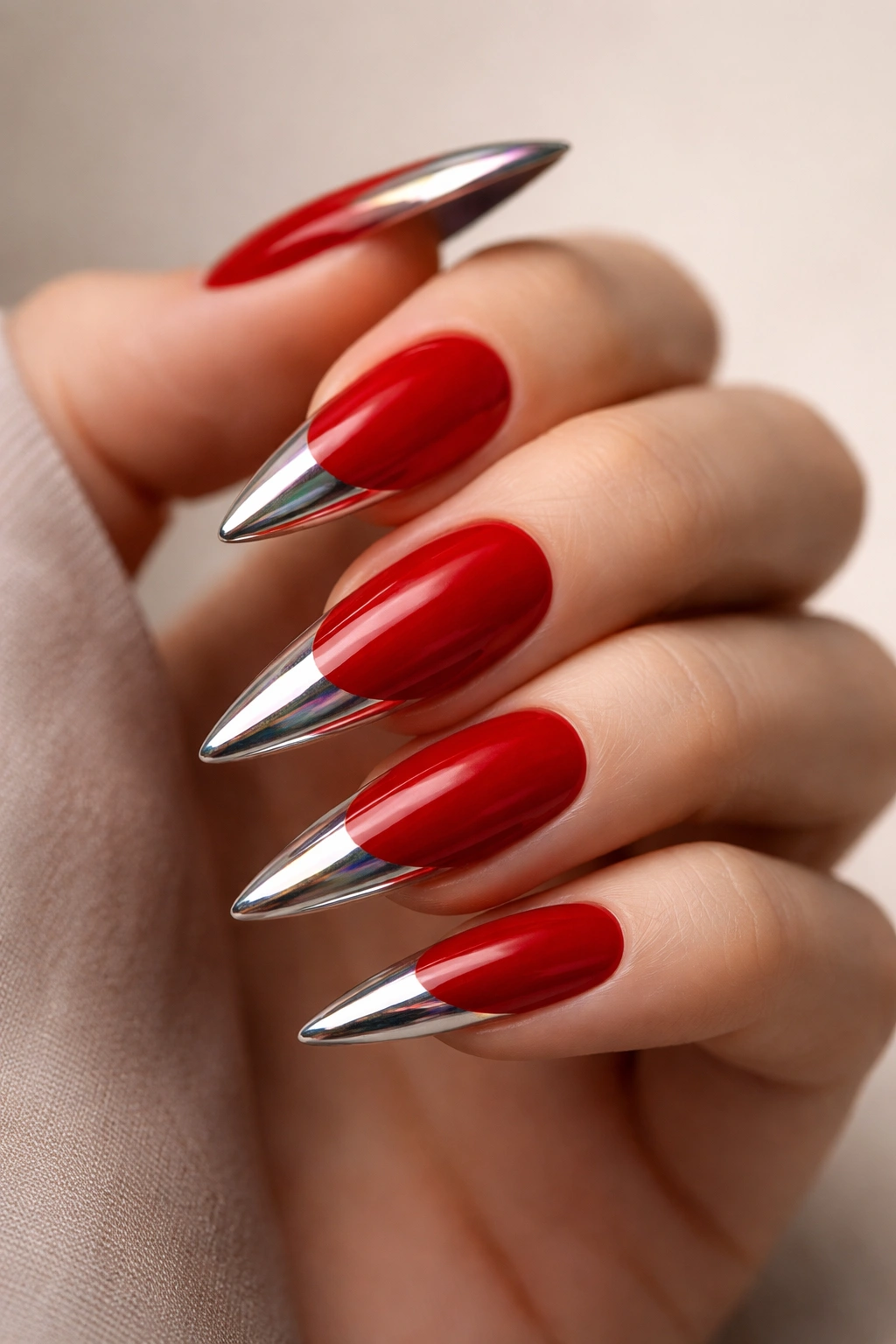 Close-up of scarlet red stiletto nails with chrome tips on the last quarter.