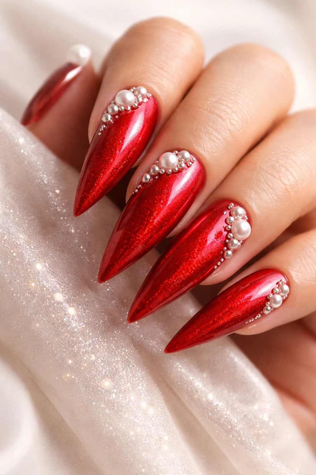Scarlet red stiletto nails with pearl accents and subtle texture.