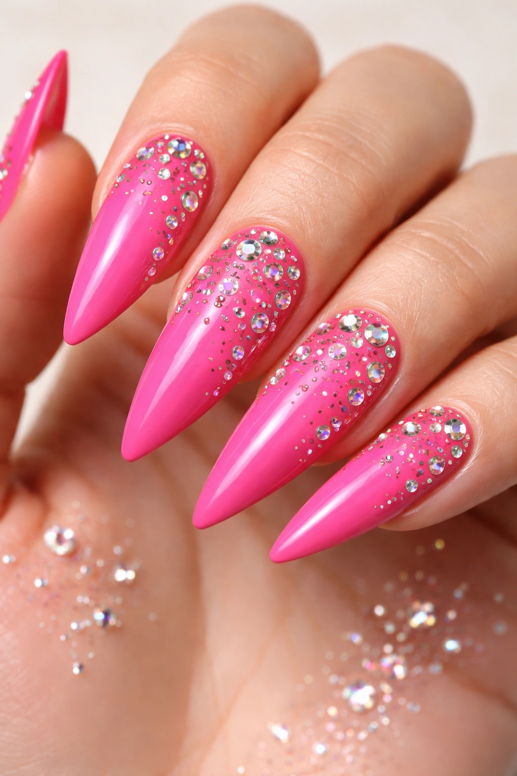 Hot pink stiletto nails with scattered rhinestones on a neutral backdrop