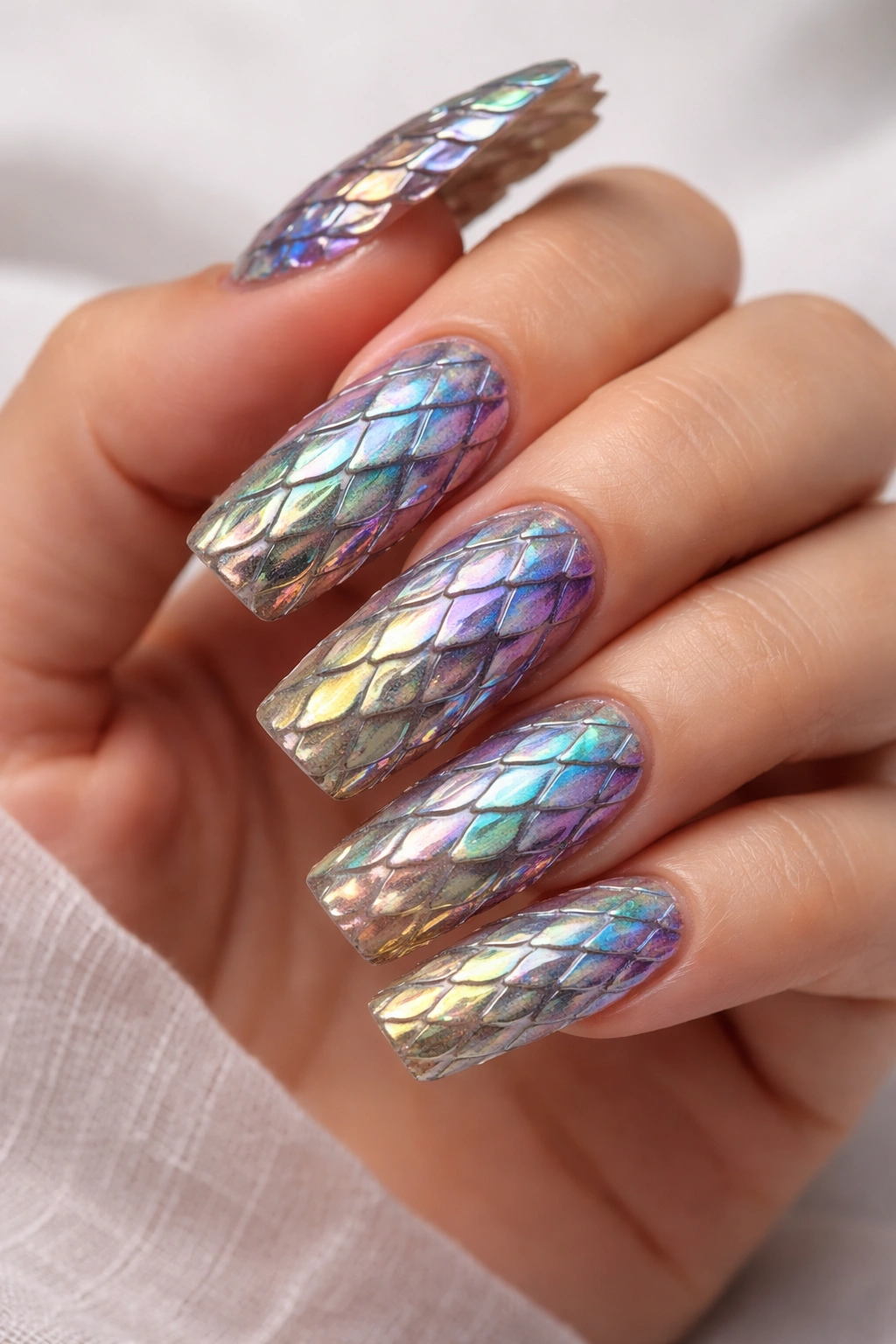 Close-up of sculpted acrylic dragon scales nails with iridescent shimmer
