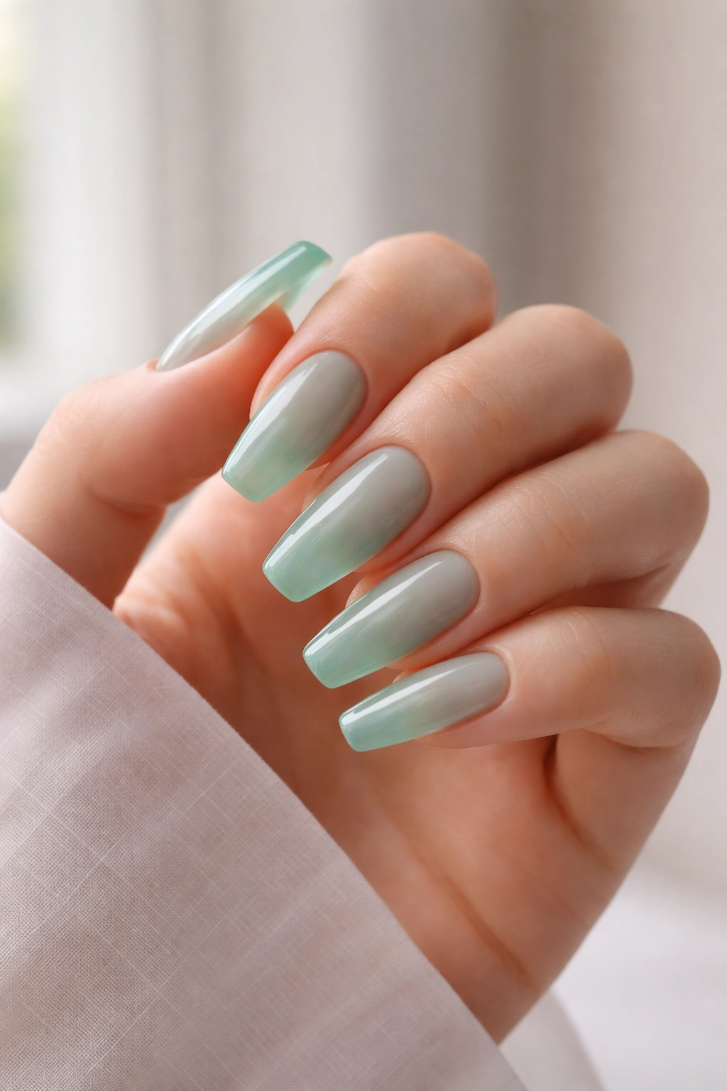 Close-up of sea glass green jelly nails on a ballerina shape with translucent glow