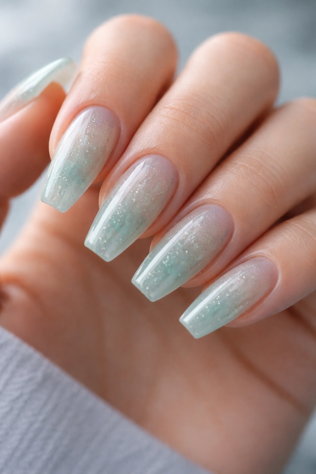 Sea glass sheer green nails with micro flakes in ballerina shape