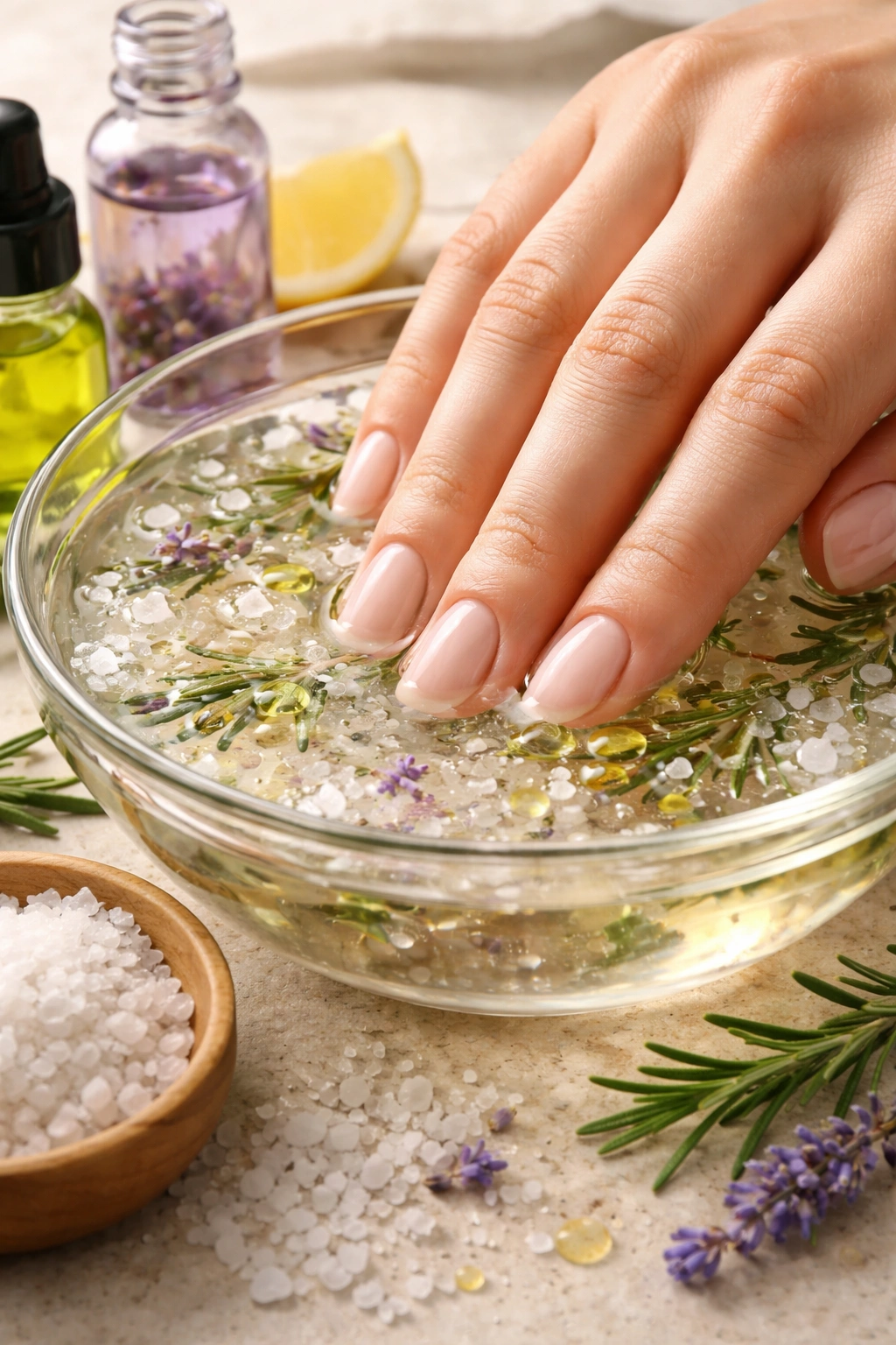 Nails in sea salt soak with essential oil for nail bed health