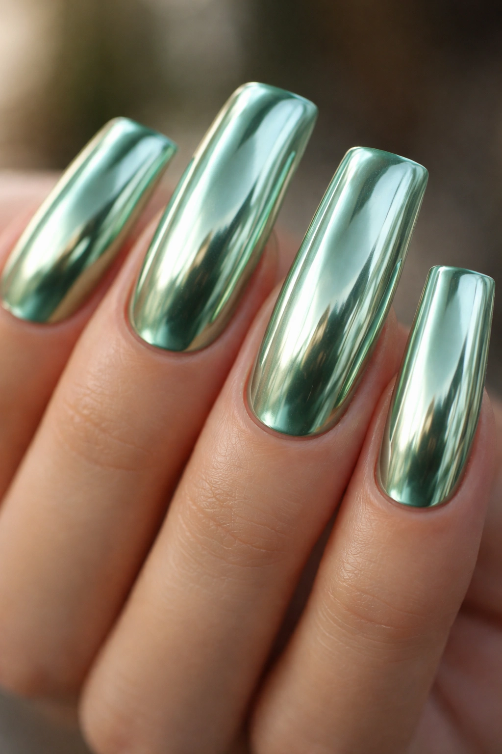 Duck nails with seafoam green chrome finish reflecting light on a wide fan shape