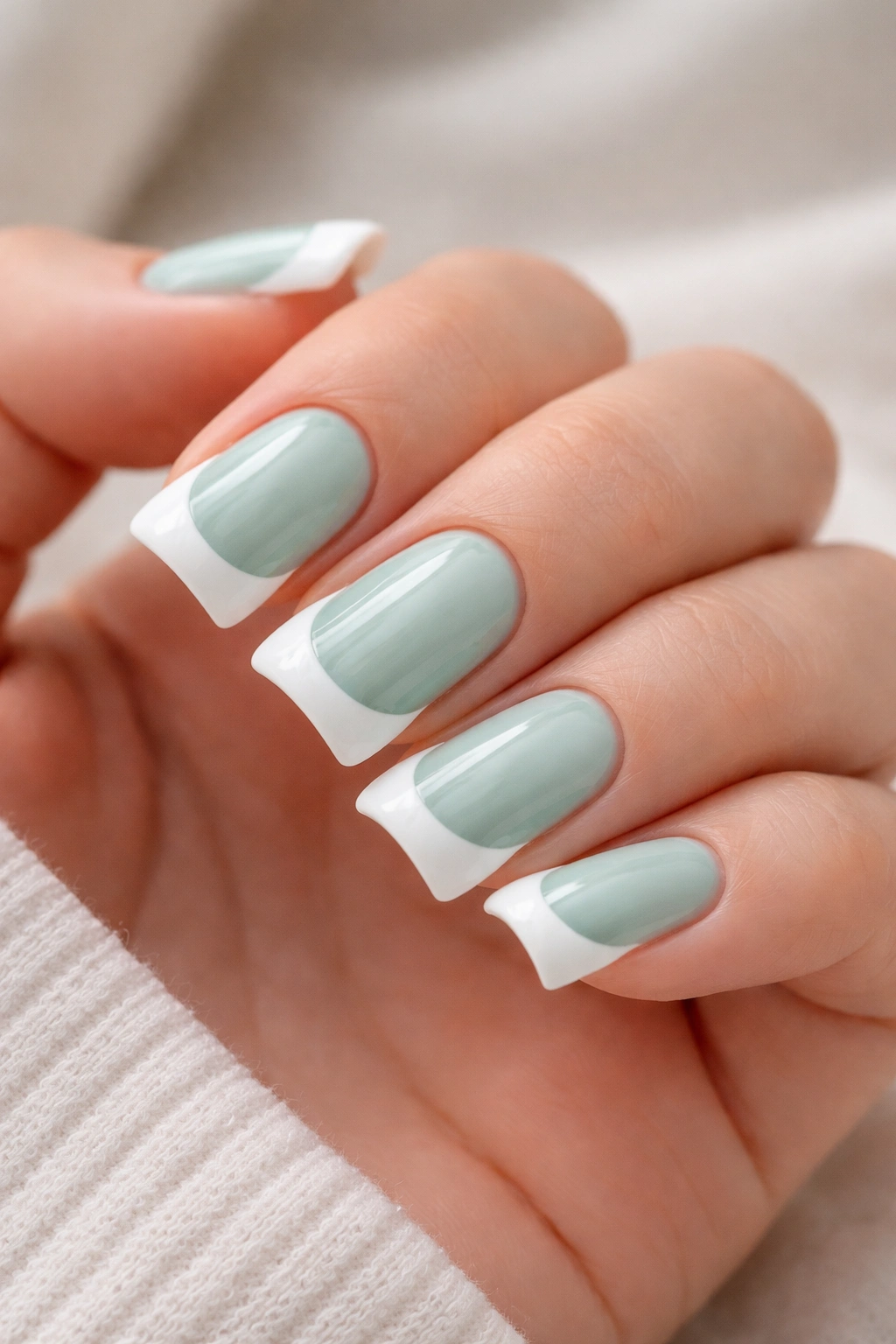 Close-up of seafoam green nails with white French tips on short nails