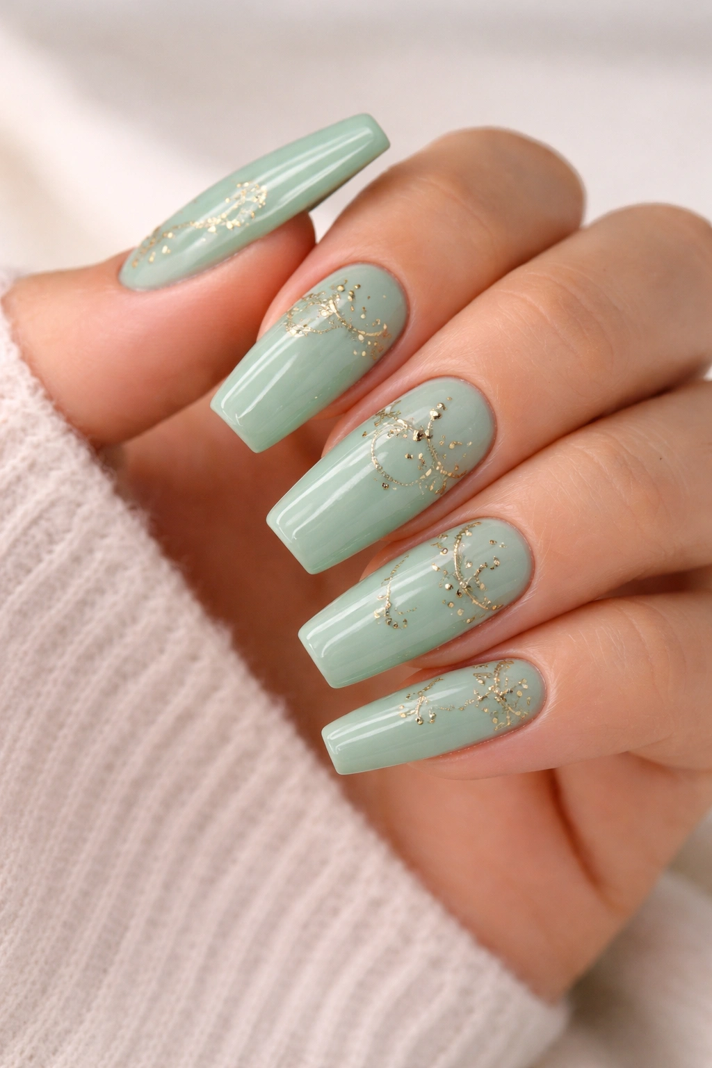 Seafoam green coffin nails with metallic nail tattoos