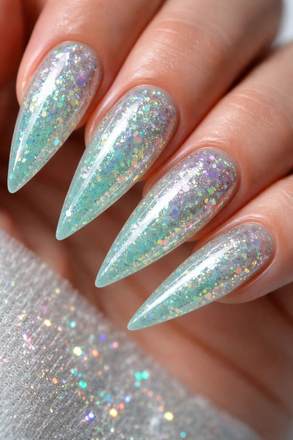 Seafoam green gel nails with holographic flakes reflecting rainbow colors