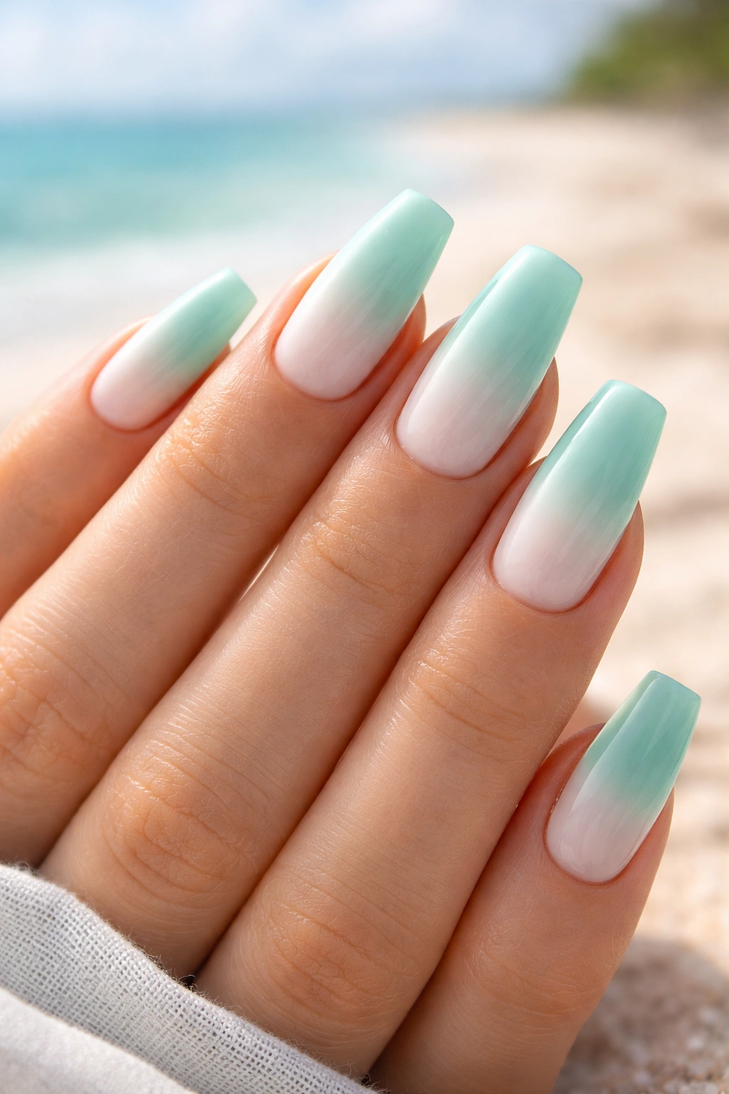 Seafoam green coffin nails with white ombre gradient