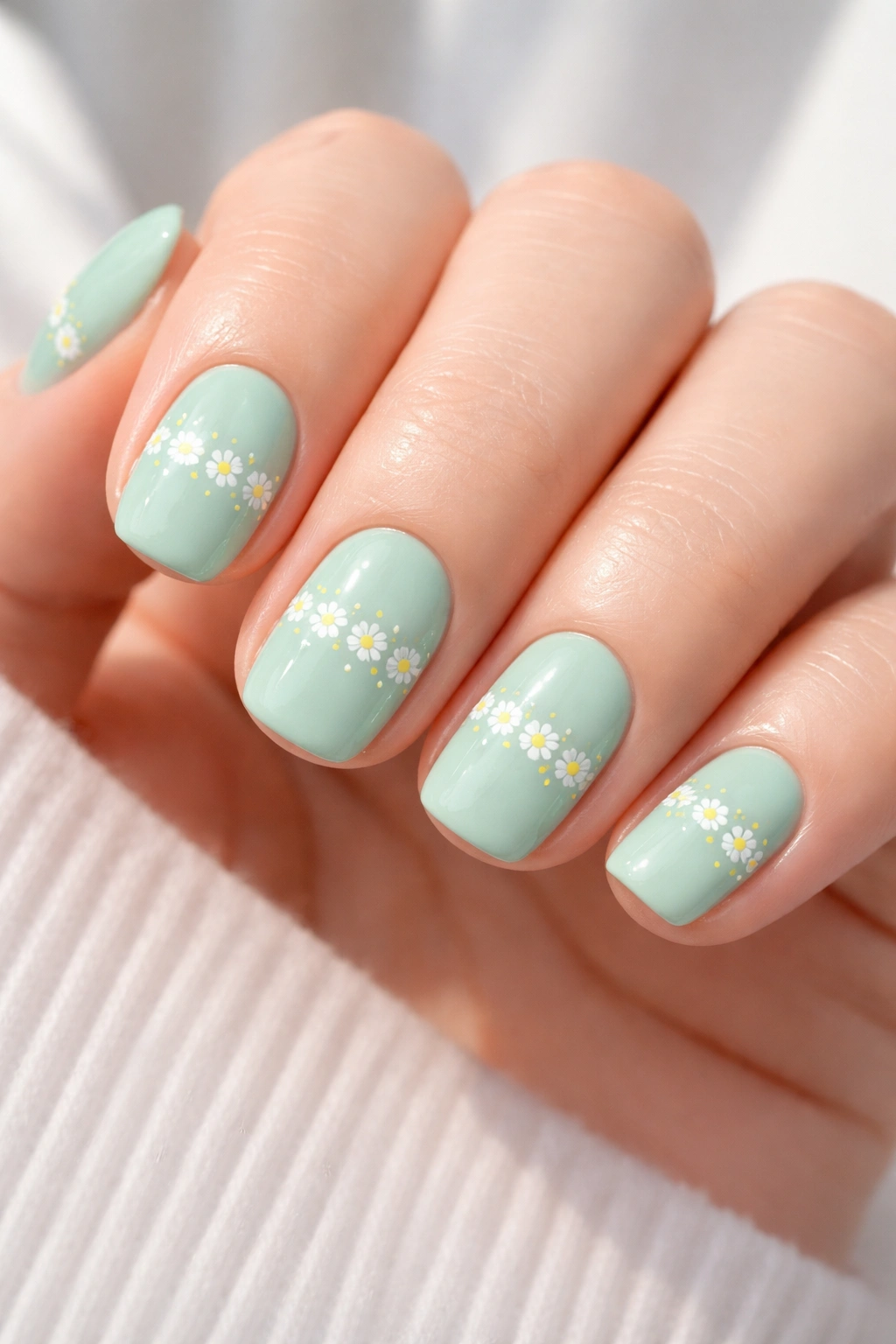 Short squoval nails painted seafoam green with a white daisy chain accent