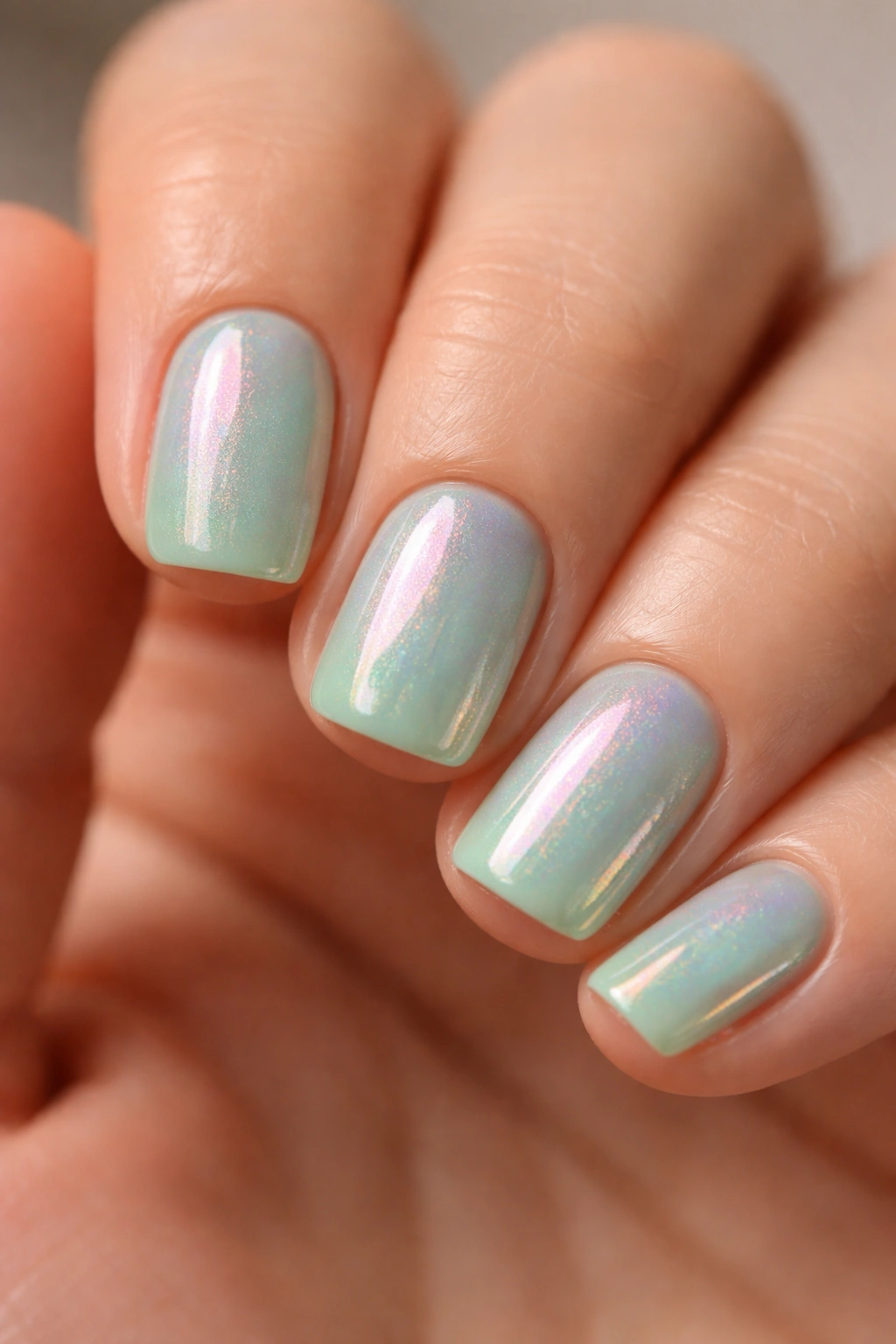 Close-up of seafoam green short squoval nails with iridescent top coat