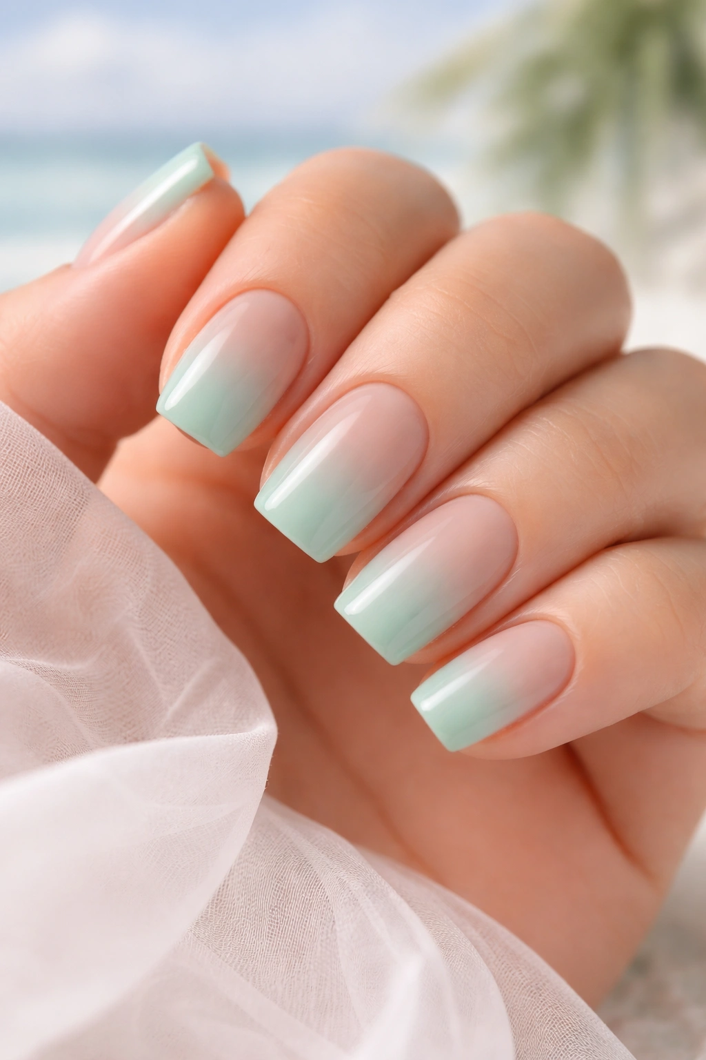 Seafoam green to nude ombre on short squoval nails
