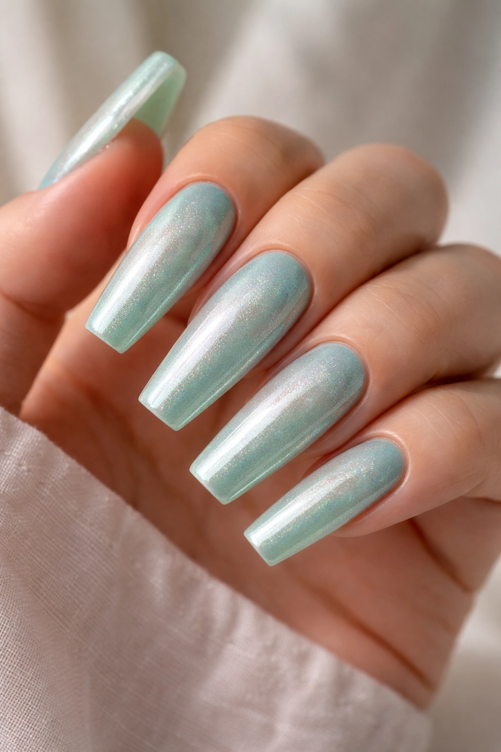 Seafoam coffin nails with pearl dust finish close-up