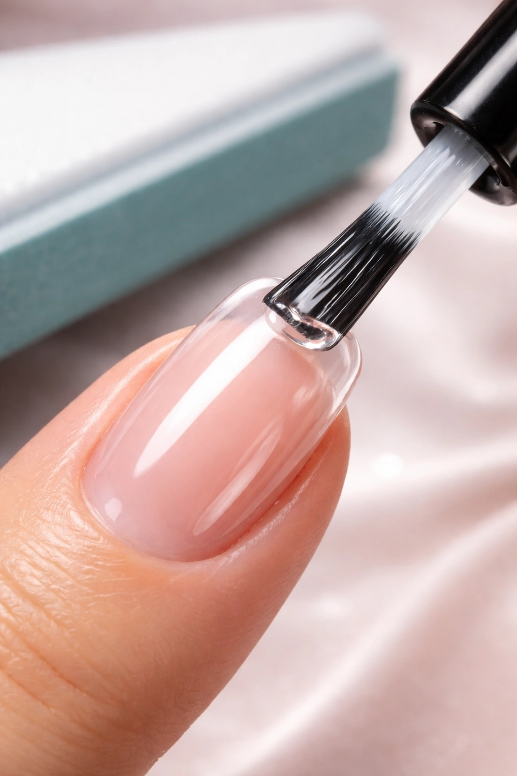 Acrylic nail being sealed with a glossy finish