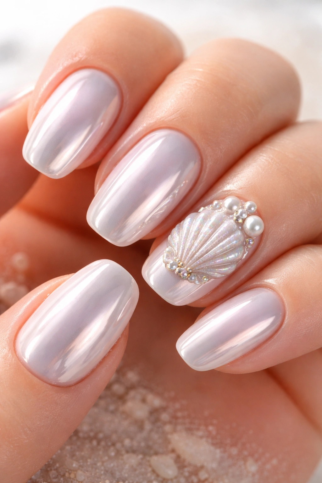Nails with seashell accents and chrome finish